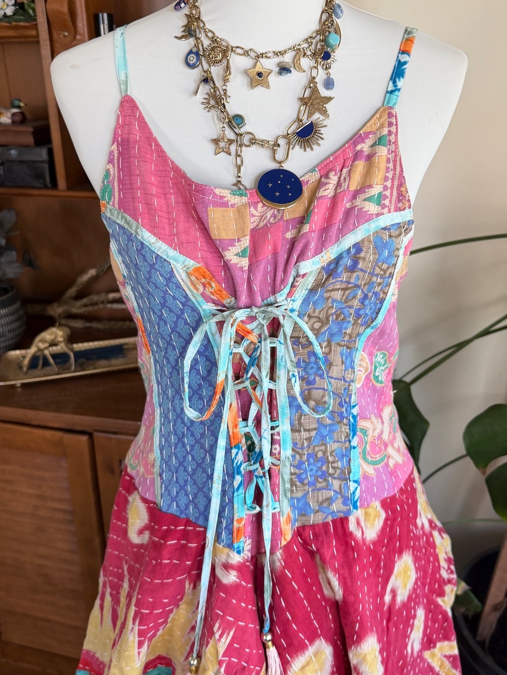Wevez Kantha Bohemian Patchwork Pixie Skirt Corset Sundress Pink Multi OS - Picture 2 of 14